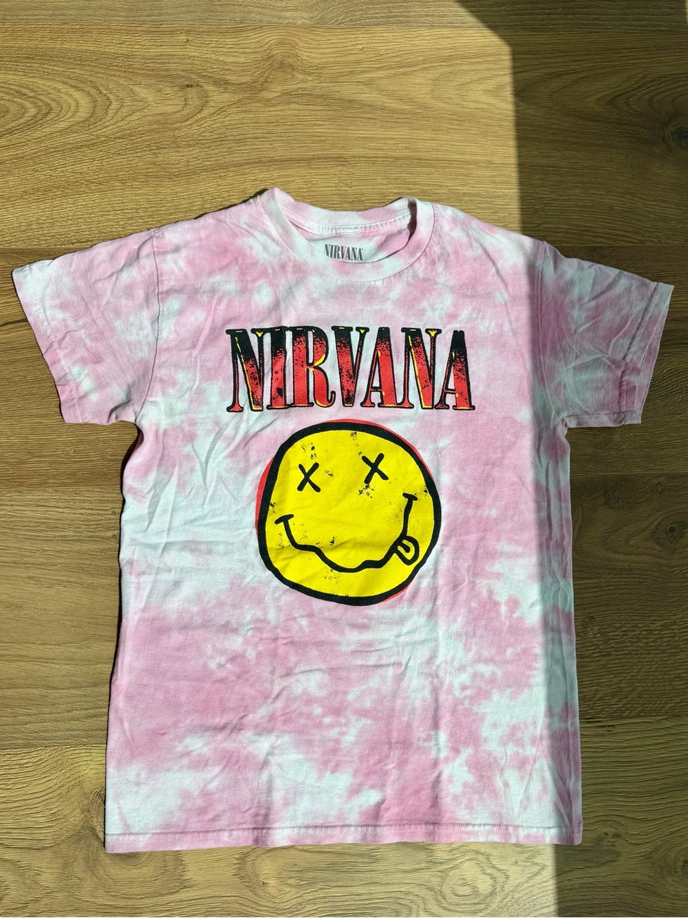 Nirvana Pink Tie Dye Smiley Face Graphic T-Shirt Size S